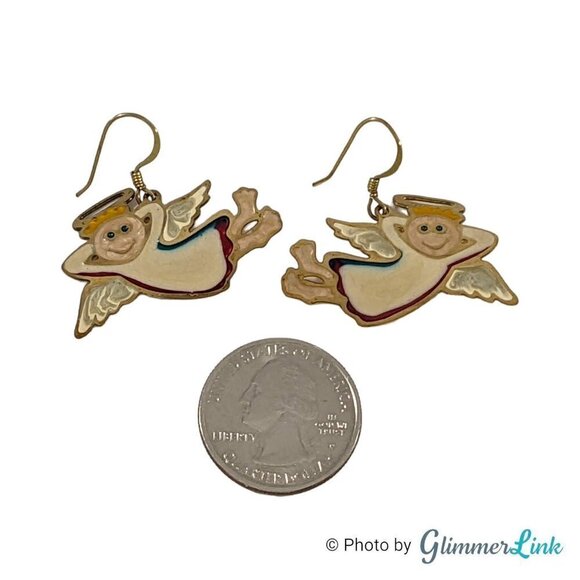 Vintage Whimsical Angels Enamel Cloisonné Drop Dangle Gold Tone Earrings - Picture 3 of 10